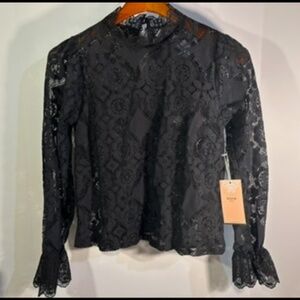 Blashe High Long Ruffled Sleeve High Neck Lace Top Black Size S